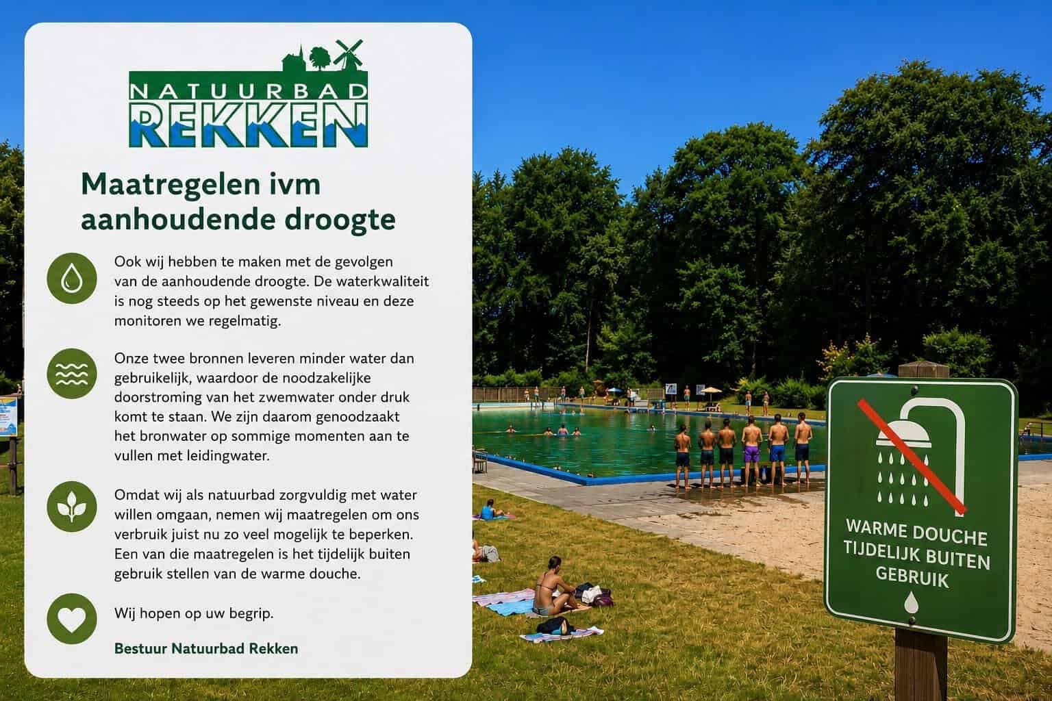 Natuurbad Rekken neemt maatregelen wegens aanhoudende droogte en sluit tijdelijk warme douches