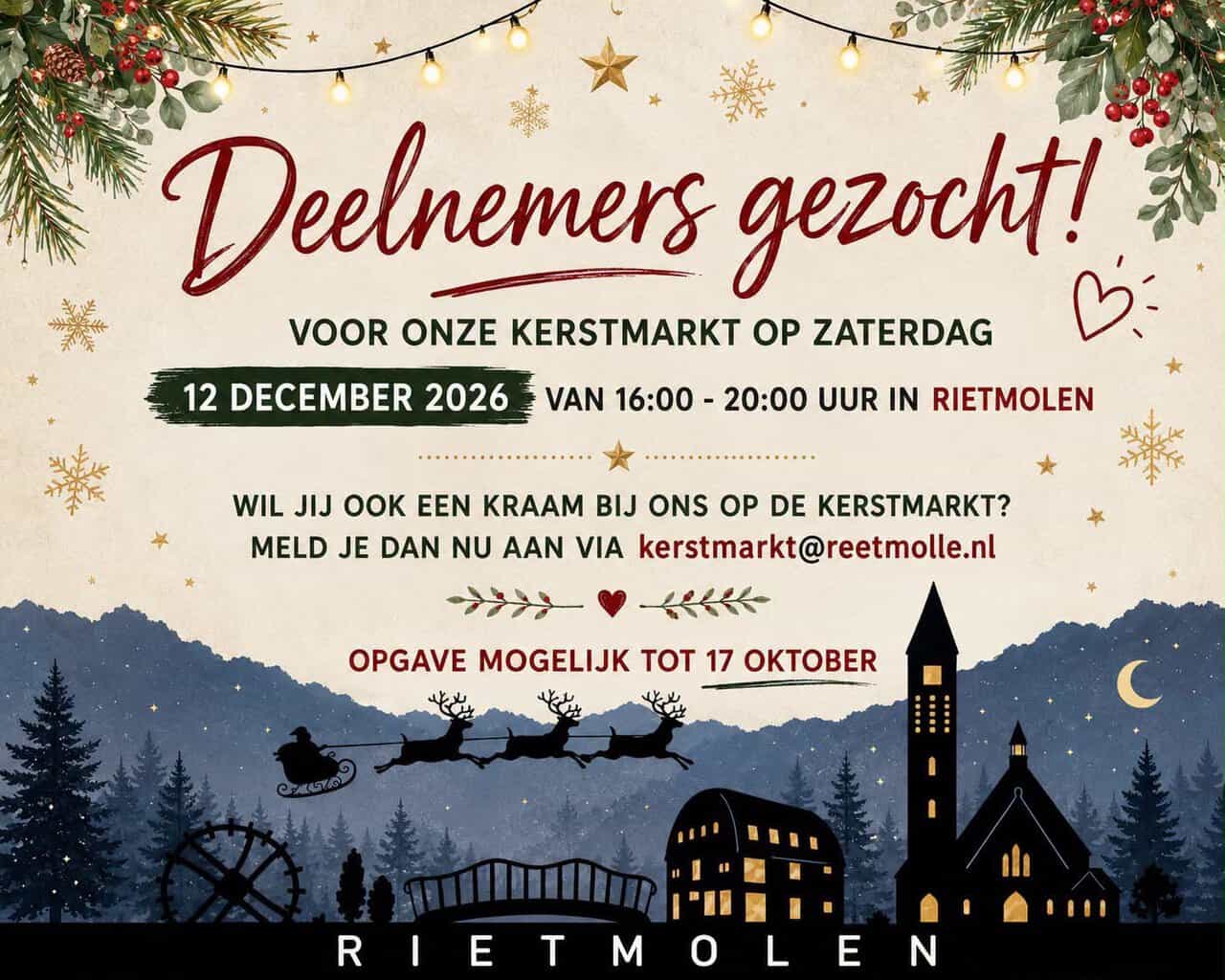 Deelnemers gezocht voor kerstmarkt Rietmolen op 12 december -